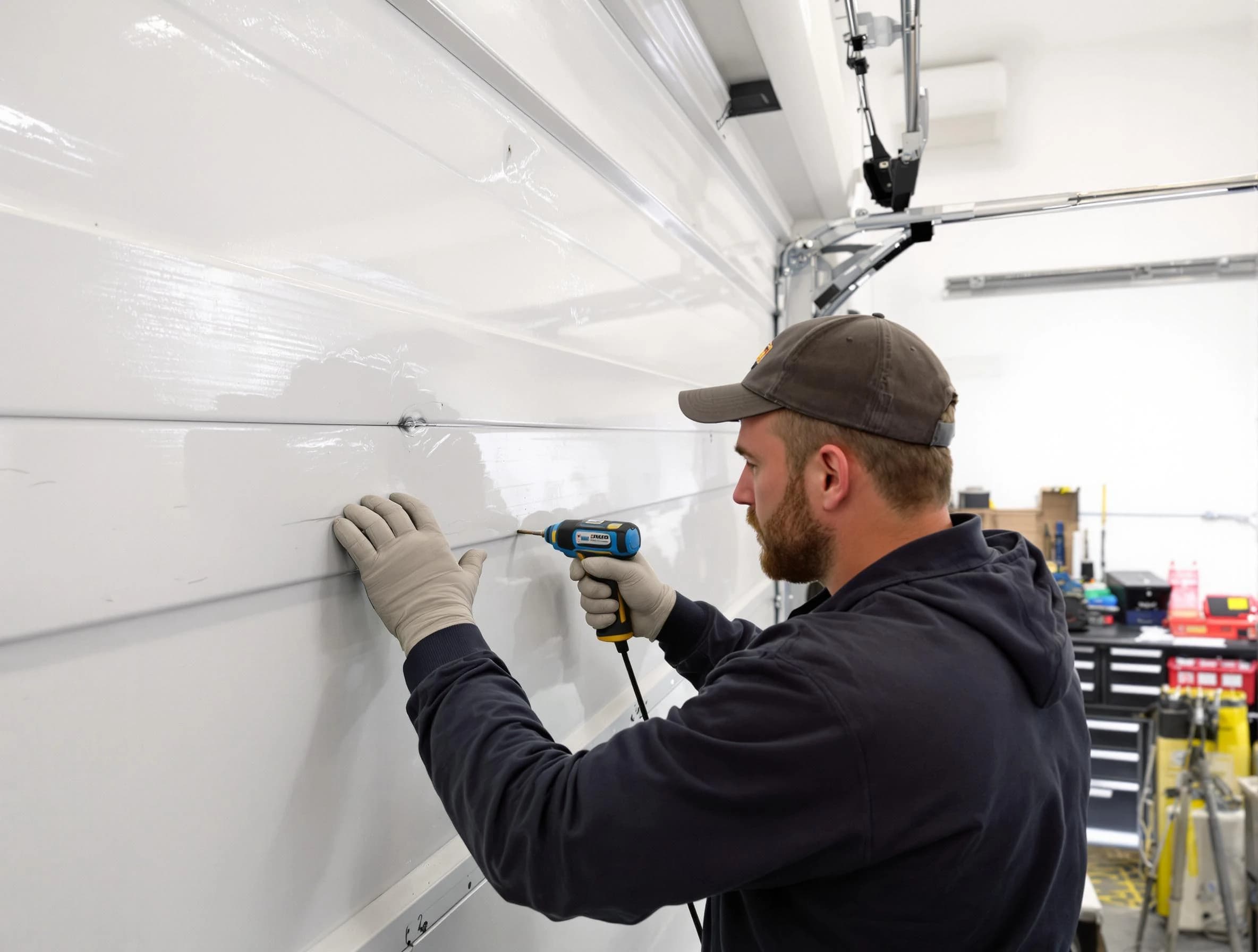 Rahway Garage Door Repair technician demonstrating precision dent removal techniques on a Rahway garage door